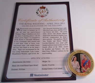 2011 THE ROYAL WEDDING APRIL 29TH WILLIAM & CATHERINE COOK ISLANDS  $1 COIN/COA