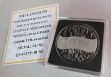 Load image into Gallery viewer, 2000 QEII MILLENNIUM HOLOGRAM DUAL DATE 2000 BUNC 5 RUPEES COIN CAPSULE &amp; COA
