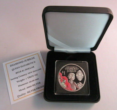 2012 QEII DIAMOND JUBILEE SILVER PROOF NEW ZEALAND $1 ONE DOLLAR COIN BOX & COA