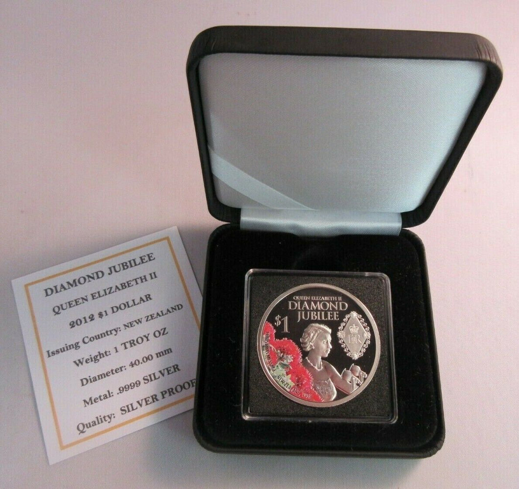 2012 QEII DIAMOND JUBILEE SILVER PROOF NEW ZEALAND $1 ONE DOLLAR COIN BOX & COA