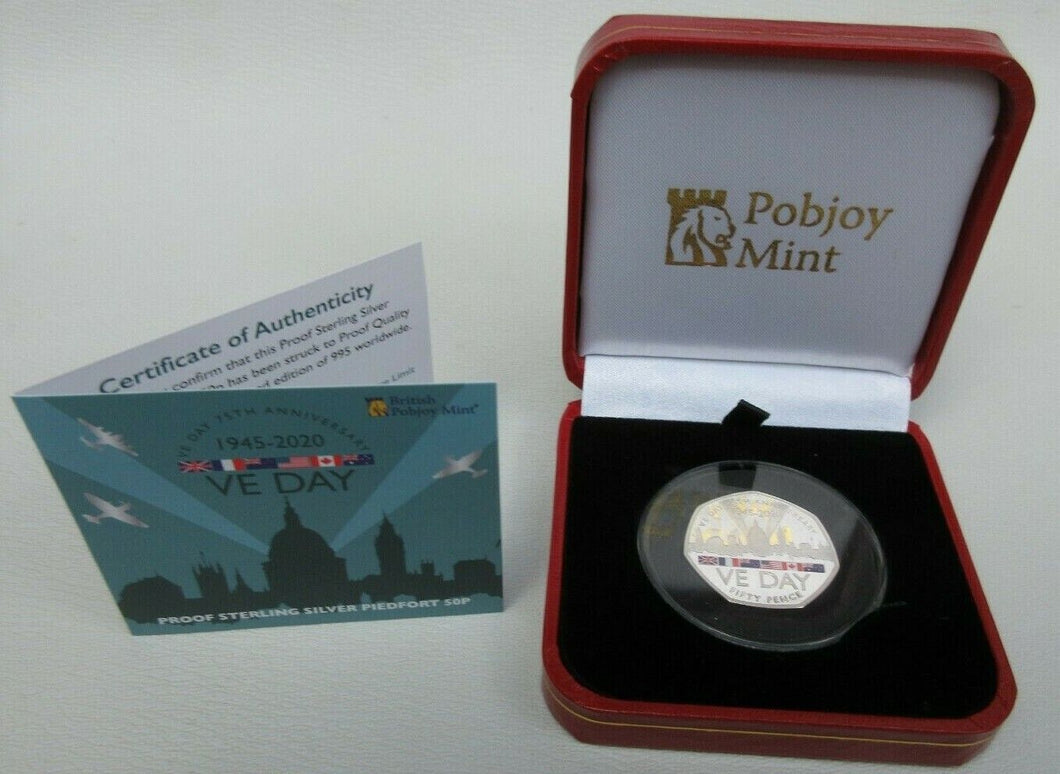 2020 VE DAY 75th ANNIVERSARY SILVER PROOF PIEDFORT COLOURED 50P BOXED WITH COA