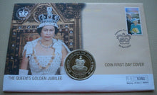 Load image into Gallery viewer, 1952-2002 THE QUEEN&#39;S GOLDEN JUBILEE, ST HELENA BUNC 50p CROWN COIN PNC
