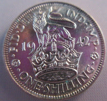 Load image into Gallery viewer, 1942 KING GEORGE VI BARE HEAD .500 SILVER UNC ONE SHILLING COIN &amp; CLEAR FLIP E2
