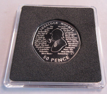 Load image into Gallery viewer, 2019 SHERLOCK HOLMES QEII BUNC 50P FIFTY PENCE COIN WITH QUAD CAPSULE &amp; COA
