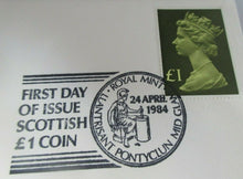 Load image into Gallery viewer, 1984 SCOTTISH £1 COIN COVER, ROYAL MAIL £1 STAMP, POSTMARK PNC
