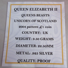Load image into Gallery viewer, 2004 QUEENS BEASTS £1 ONE POUND SILVER PROOF COIN UNICORN OF SCOTLAND BOX &amp; COA
