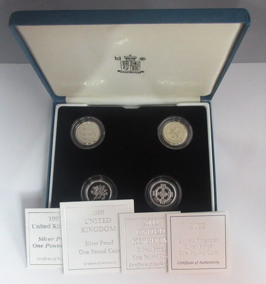 1997-2001 Royal Mint UK Silver Proof 4 x £1 Coin Set Box/COA