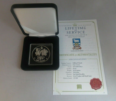 Lifetime of Service Elizabeth & Philip Silver Proof Falklands Crown Coin Box/COA