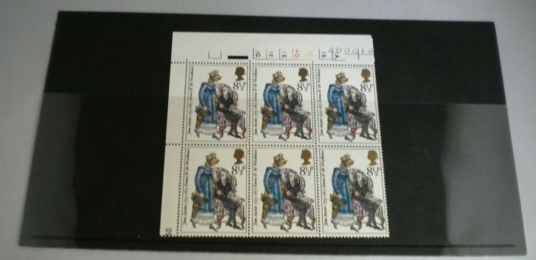 1975 JANE AUSTEN EMMA & MR WOODHOUSE 8 1/2P BLOCK OF SIX STAMPS MNH