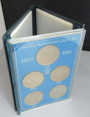 1965 - 1981 UNITED KINGDOM CROWNS 5 COIN SET WITH ROYAL MINT BLUE BOOK