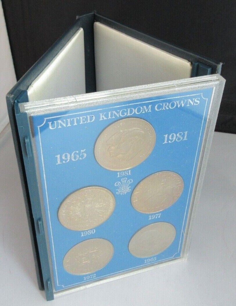 1965 - 1981 UNITED KINGDOM CROWNS 5 COIN SET WITH ROYAL MINT BLUE BOOK