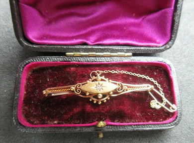 Beautiful Antique 15Ct Gold Diamond Set Bar Brooch With Safety Chain cased