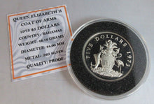 Load image into Gallery viewer, 1973 QEII COAT OF ARMS SILVER PROOF BAHAMA ISLANDS $5 COIN WITH COA
