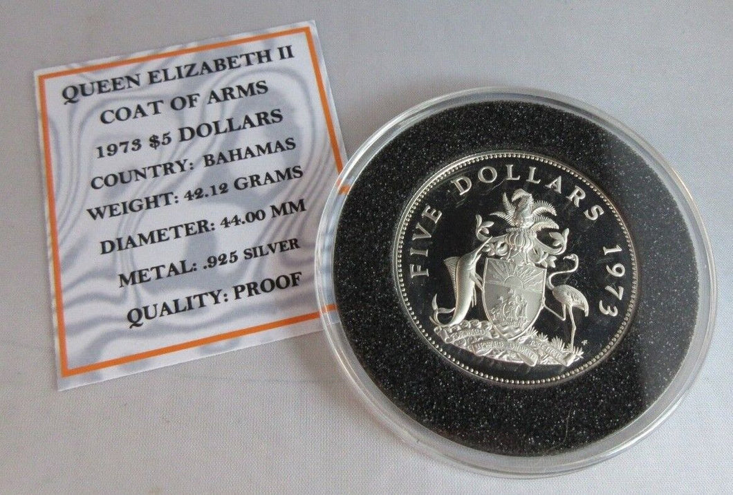 1973 QEII COAT OF ARMS SILVER PROOF BAHAMA ISLANDS $5 COIN WITH COA