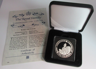 1993 QEII CORONATION ANNIVERSARY SILVER PROOF 20 CROWNS COIN BOX & COA