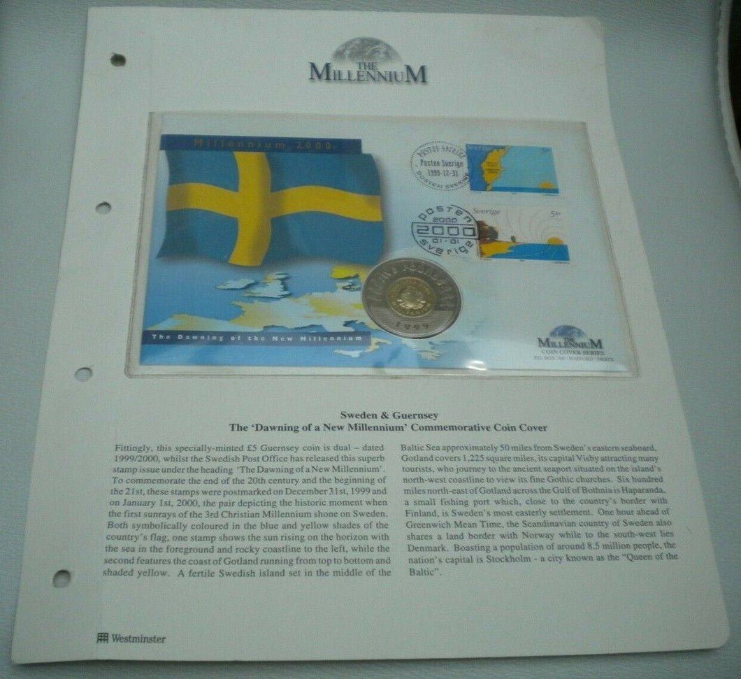 1999 THE DAWNING OF THE NEW MILLENNIUM BUNC 1999 GUERNSEY £5 COIN COVER PNC/INFO