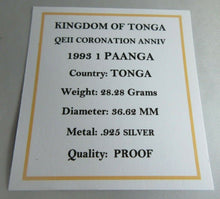 Load image into Gallery viewer, 1993 KINGDOM OF TONGA QEII CORONATION ANNIV SILVER PROOF 1 PAANGA COIN BOX &amp; COA
