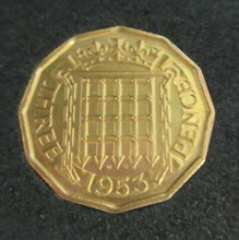 Load image into Gallery viewer, 1953 QUEEN ELIZABETH II THREE PENCE 3d BRASS PROOF COIN WITH QUAD CAPSULE &amp; COA
