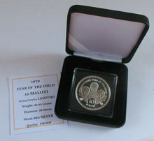 Load image into Gallery viewer, 1979 YEAR OF THE CHILD LESOTHO 10 MALOTI SILVER PROOF COIN COA &amp; BOX
