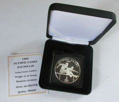 1980 OLYMPIC GAMES SILVER PROOF SAMOA 10 DOLLAR COIN BOX & COA