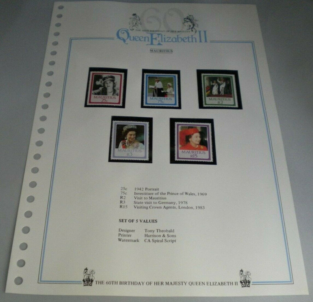 QUEEN ELIZABETH II THE 60TH BIRTHDAY OF HER MAJESTY MAURITIUS STAMPS MNH