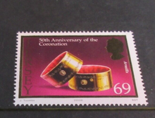Load image into Gallery viewer, QEII 50TH ANNIVERSARY CORONATION 4 X JERSEY DECIMAL STAMPS MNH IN STAMP HOLDER
