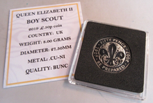 Load image into Gallery viewer, 2019 BOY SCOUTS QEII BUNC 50P FIFTY PENCE COIN WITH QUAD CAPSULE &amp; COA
