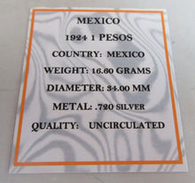 Load image into Gallery viewer, 1924 MEXICO ONE PESO SILVER aUNC WITH QUADRANT BOX &amp; CERTIFICATE OF AUTHENTICITY
