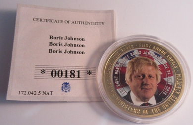 2019 BORIS JOHNSON GOLD PLATED PROOF MEDALLION WITH COA & CLEAR FLIP