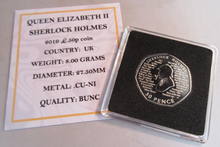 Load image into Gallery viewer, 2019 SHERLOCK HOLMES QEII BUNC 50P FIFTY PENCE COIN WITH QUAD CAPSULE &amp; COA
