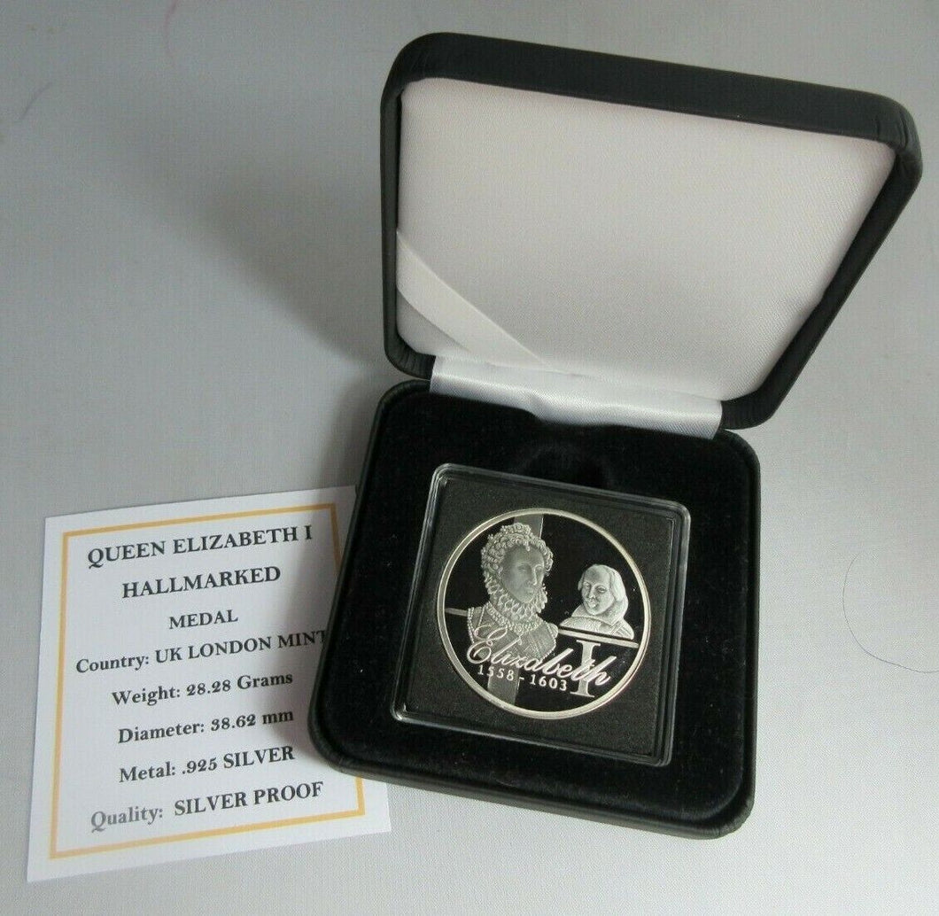 1558-1603 QUEEN ELIZABETH I HALLMARKED SILVER PROOF MEDAL BOXED WITH COA