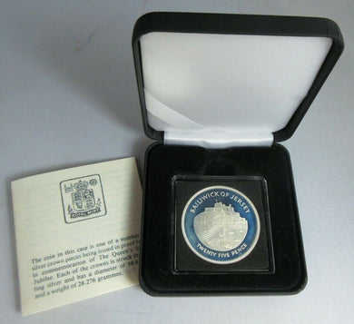 1952-1977 QE II SILVER PROOF BAILIWICK OF JERSEY 25 PENCE CROWN COIN BOX & COA