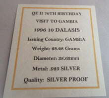 Load image into Gallery viewer, 1996 QUEEN ELIZABETH II 70TH BIRTHDAY VISIT GAMBIA S/PROOF 10 DALASIS COIN &amp; BOX
