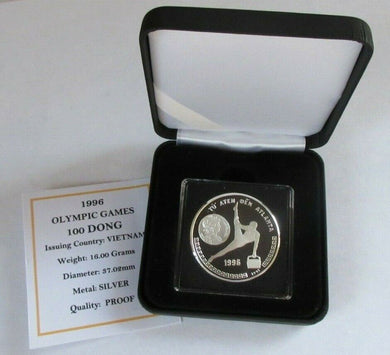 1996 OLYMPIC GAMES VIETNAM SILVER PROOF 100 DONG COIN BOX & COA