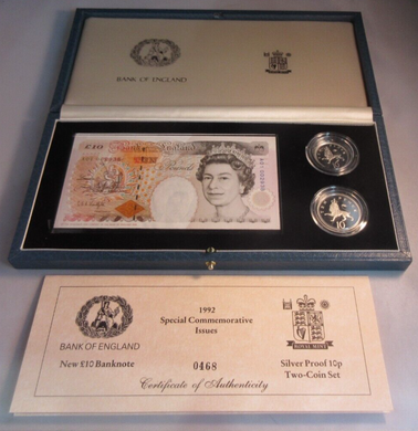 1992 SPECIAL COMMEMORATIVE ISSUES NEW £10 BANKNOTE & S/PROOF 10P 2 COIN SET