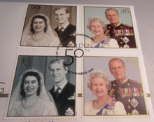 Load image into Gallery viewer, 1947-1997 THE GOLDEN WEDDING COMMEMORATIVE BUNC £5 COIN COVER PNC WITH INFO CARD

