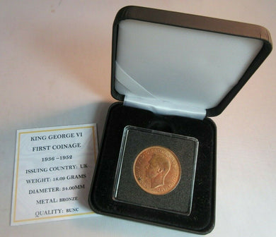 1948 KING GEORGE VI FIRST COINAGE BUNC BRONZE ONE PENNY WITH QUAD CAP BOX & COA