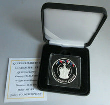 Load image into Gallery viewer, 2002 QEII GOLDEN JUBILEE QUEENS CROWN 50P CROWN SILVER COLOURED PROOF &amp; BOX
