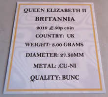 Load image into Gallery viewer, 2019 BRITANNIA QEII BUNC 50P FIFTY PENCE COIN WITH QUAD CAPSULE &amp; COA
