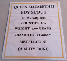 Load image into Gallery viewer, 2019 BOY SCOUTS QEII BUNC 50P FIFTY PENCE COIN WITH QUAD CAPSULE &amp; COA
