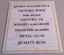 Load image into Gallery viewer, 2020 VICTORY WWII QEII BUNC £2 TWO POUND COIN WITH QUAD CAPSULE &amp; COA
