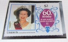 Load image into Gallery viewer, 1986 QUEEN ELIZABETH II 60TH BIRTHDAY UNION ISLAND STAMPS &amp; ALBUM SHEET
