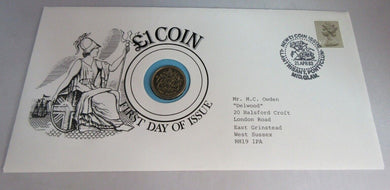 1983 BUNC £1 COIN FIRST DAY OF ISSUE COIN COVER, ROYAL MAIL STAMP, POSTMARK PNC