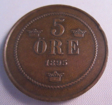 1895 SWEDEN 5 ORE BRONZE UNC MINOR EDGE KNOCK PRESENTED IN CLEAR FLIP