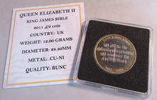 Load image into Gallery viewer, 2011 KING JAMES BIBLE QEII BUNC £2 TWO POUND COIN WITH QUAD CAPSULE &amp; COA
