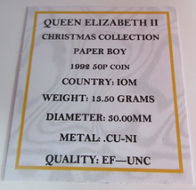 Load image into Gallery viewer, 1992 QEII CHRISTMAS COLLECTION PAPER BOY MINT MARK AA FIFTY PENCE COIN BOX &amp; COA
