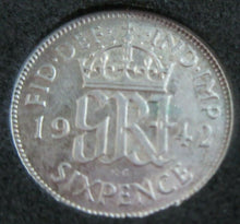 Load image into Gallery viewer, 1942 KING GEORGE VI BARE HEAD .500 SILVER aUNC 6d SIXPENCE COIN CAPSULE &amp; BOX
