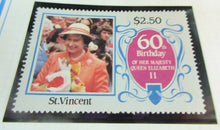 Load image into Gallery viewer, 1986 QUEEN ELIZABETH II 60TH BIRTHDAY ST VINCENT STAMPS &amp; ALBUM SHEET
