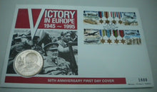 Load image into Gallery viewer, 1945-1995 50TH ANNIVERSARY VICTORY IN EUROPE PROOF £5 COIN FIRST DAY COVER PNC
