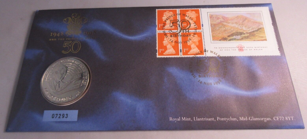 1948-1998 50th BIRTHDAY OF THE PRINCE OF WALES BUNC 1998 £5 COIN COVER PNC